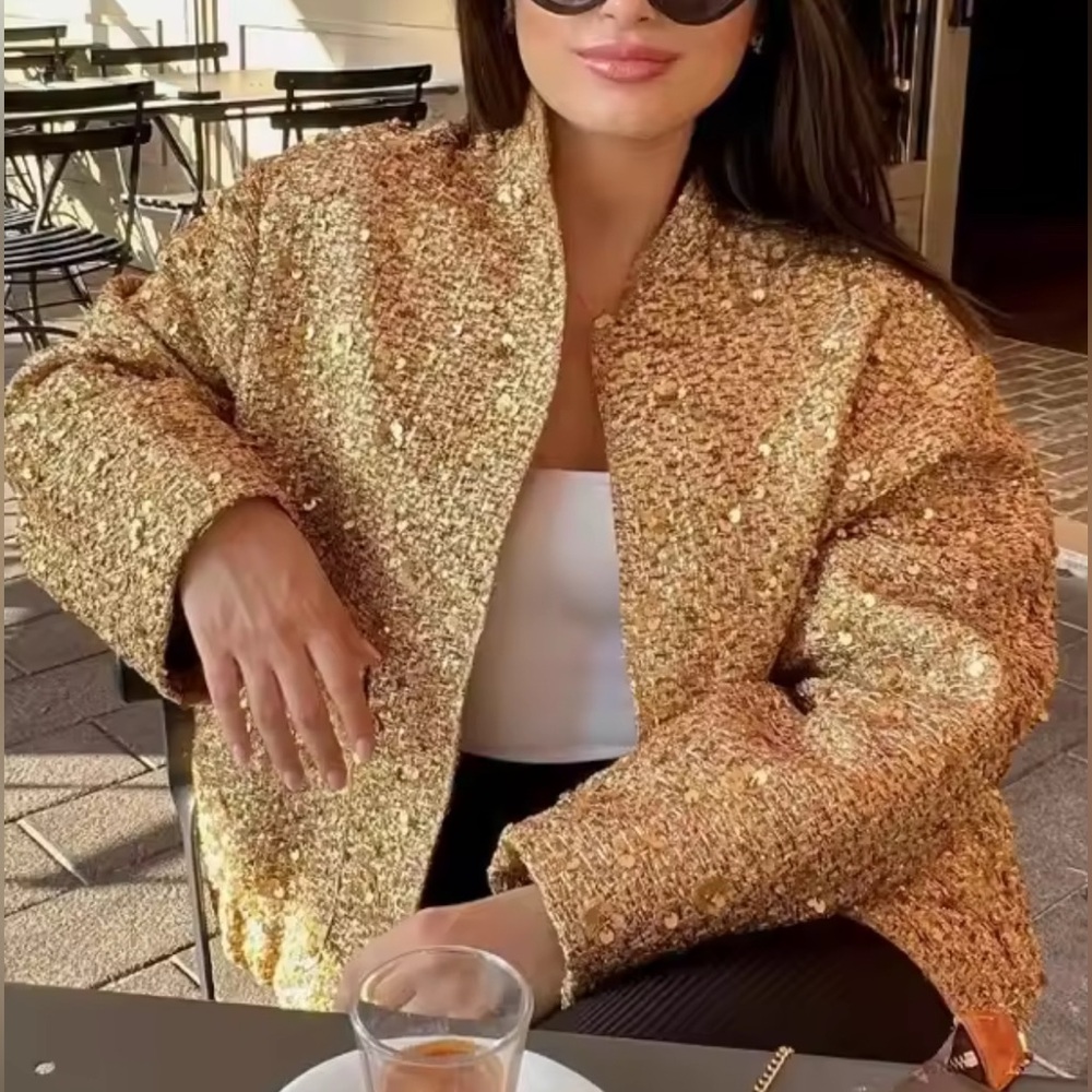 NEW $98 Fiane Gold Sequin Women's Jacket - Picture 3 of 15